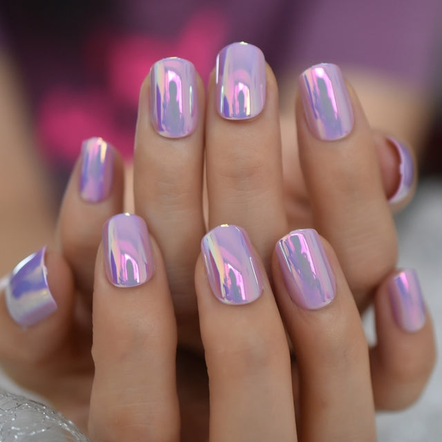 Natural Nude Color Press On Nails Marble White Artificial False Nails Square Short Glossy Pattern Tips with Glue Sticker