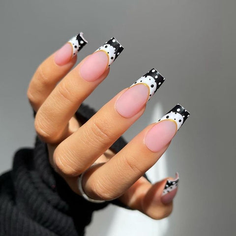 Beyprern Extra Long Coffin Fake Nail Black And White Plaque False Nails French Ballerina Artificial Full Cover Nail Tips Press On Nail