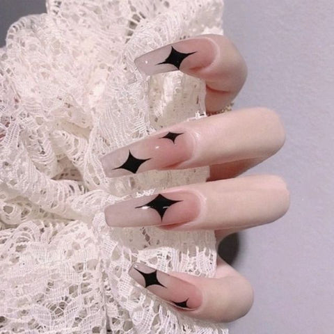 Beyprern Extra Long Coffin Fake Nail Black And White Plaque False Nails French Ballerina Artificial Full Cover Nail Tips Press On Nail