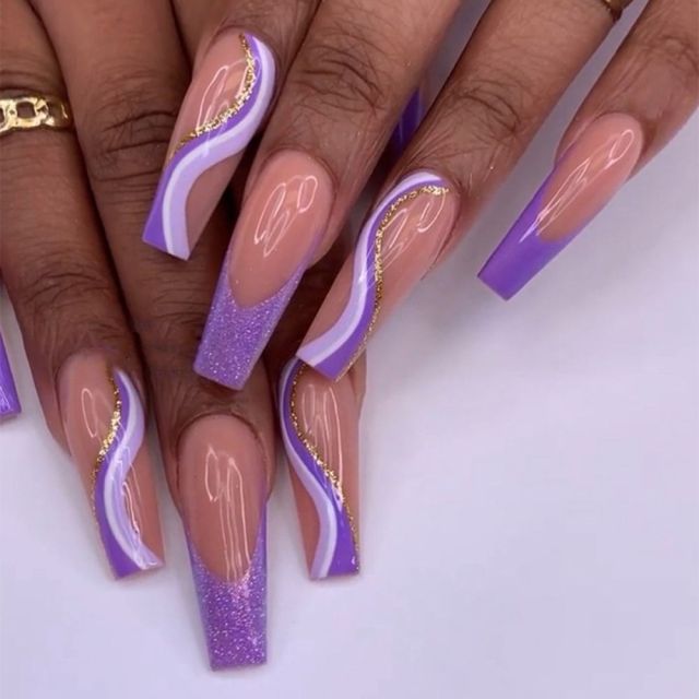 Beyprern Purple Pink Ombre Rhinestone Fake Nails Coffin Ballerina Ladies Fingernails Natural Long French Gradient Press On False Nails