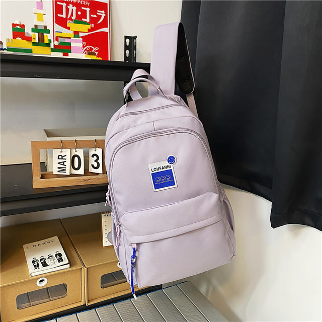 New Solid Color Waterproof Nylon Women Backpack Men Large Capacity Laptop Back Bag Unisex Smiley Travelling Bag Schoolbag