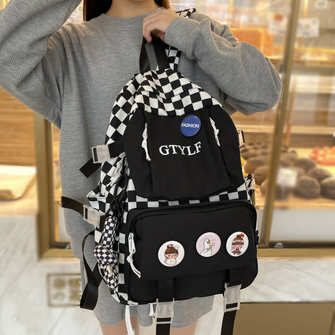 New Waterproof Nylon Women Backpack Female Plaid Travel Bag Kawaii Girl Schoolbag Cool College Student Badge Book Mochila