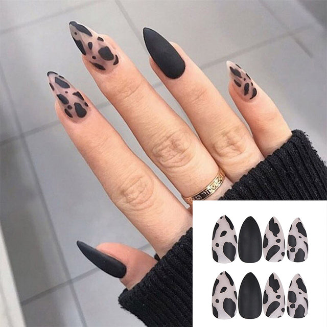 24pcs Leopard Theme Full Cover False Nail Tips 2021 New Style Black Brown Transparent Stiletto French Pearl Fake Nails With Glue